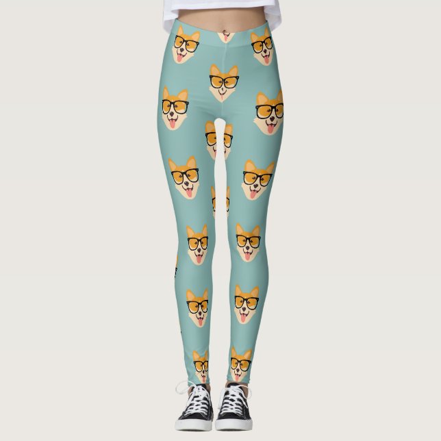Funny Hipster Corgi Pattern Leggings (Front)