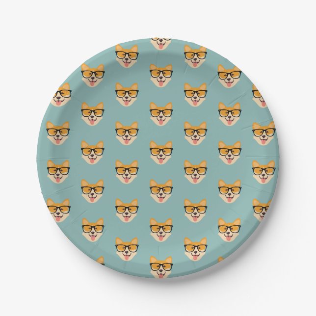 Funny Hipster Corgi Pattern Paper Plate (Front)