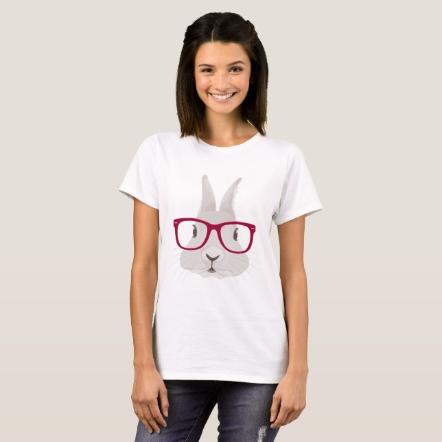 Funny Hipster Easter bunny with red rim glasses T-Shirt (Front Full)