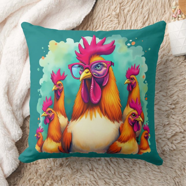 Funny Hipster Rooster Retro Pop Art Illustration Cushion (Blanket)