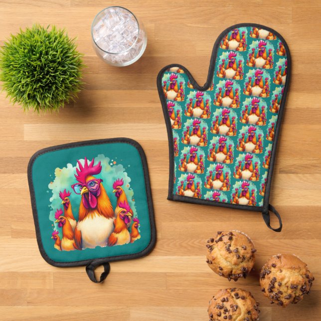 Funny Hipster Rooster Retro Pop Art Illustration Oven Mitt & Pot Holder Set (Top Down)