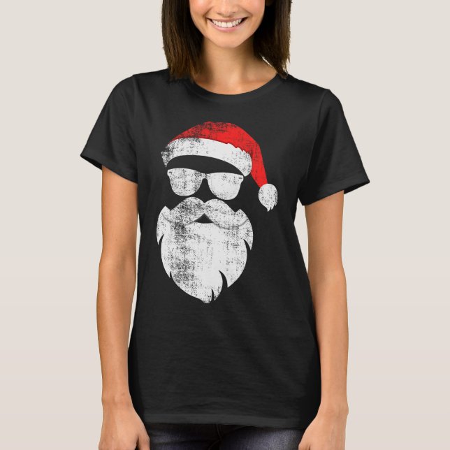 Funny Hipster Santa Face With Hat Beard &amp; Gles T-Shirt (Front)