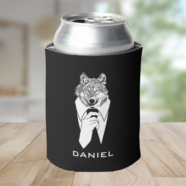 Funny Hipster Wolf with Black Tuxedo Personalised Can Cooler (Creator Uploaded)