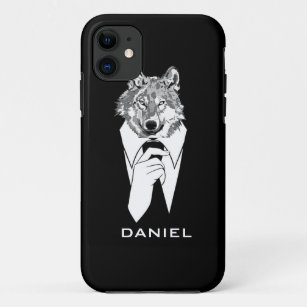 Funny Hipster Wolf with Black Tuxedo Personalised iPhone 11 Case