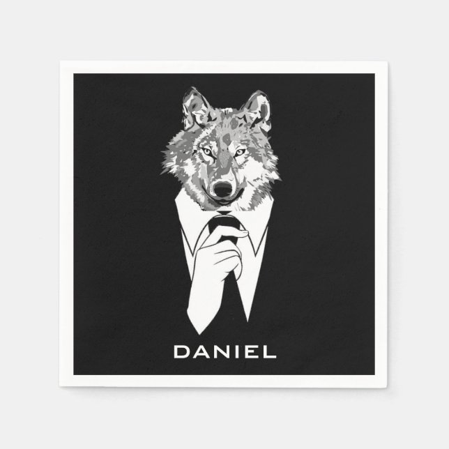 Funny Hipster Wolf with Black Tuxedo Personalised Napkin (Front)
