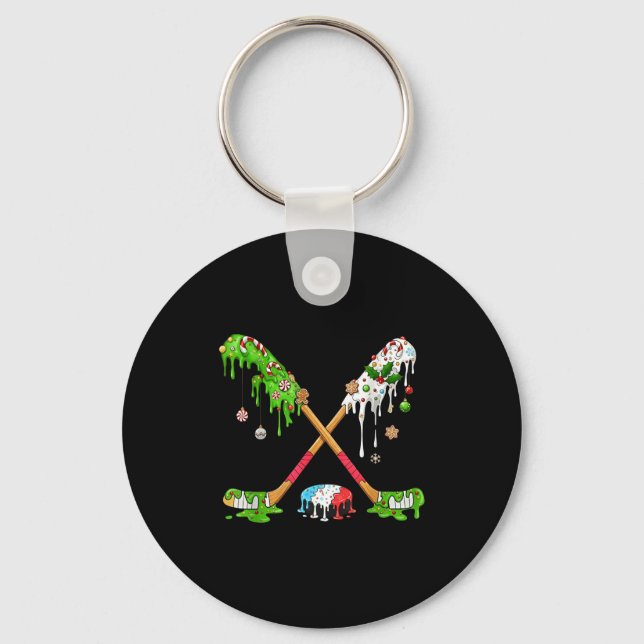 Funny Hockey Holiday Candy Cane Gingerbread  Key Ring (Front)