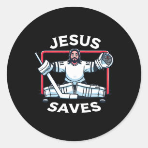 Funny Hockey Jesus Saves Goalie Sports Humor  Classic Round Sticker