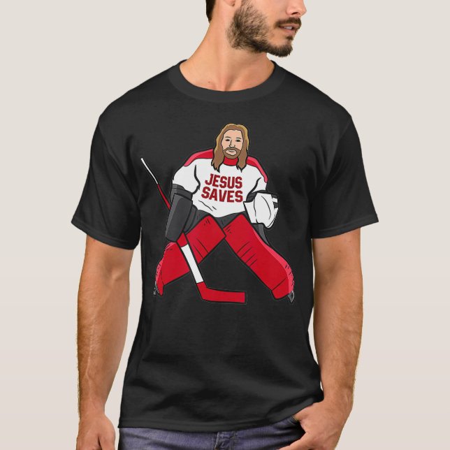 Funny Hockey Jesus Saves Hockey Goalie  T-Shirt (Front)