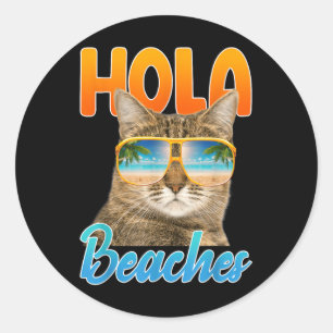 Funny Hola Beaches Cat Kitten Lover Beach Summer V Classic Round Sticker