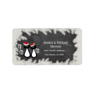 Funny holiday cartoon Santa cat couple chalkboard Label