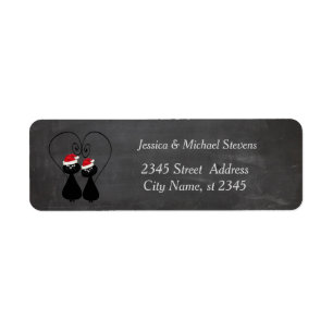 Funny holiday cartoon Santa cat couple chalkboard Return Address Label