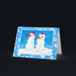 Funny holiday cat, bird,  snowman card<br><div class="desc">Whether for Christmas,  Hanukkah or just the holiday season,  this cute,  fun card is a great way to send your best wishes.  You can customise the frame colour and message inside,  if you'd like.  This image is also available on other products including postage in my Zazzle store.</div>