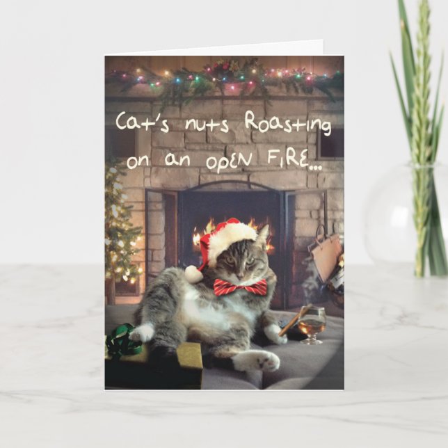 Funny Holiday Cat Card, Cat's Nuts Roasting (Front)