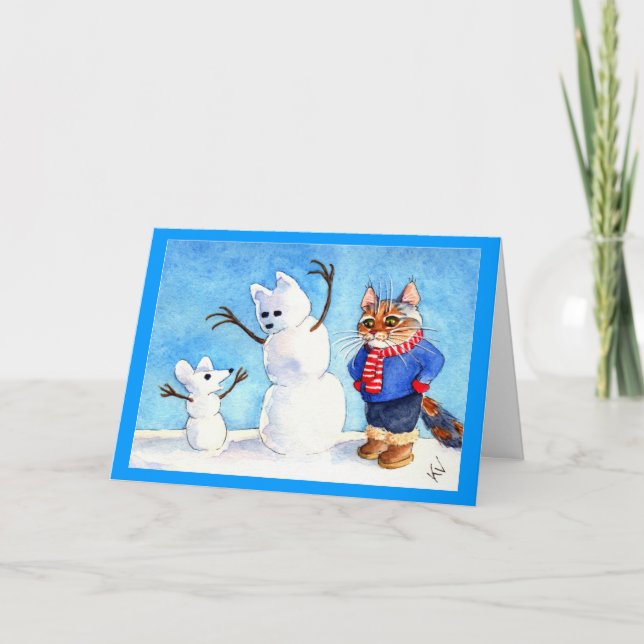 Funny holiday cat mouse snowman card (Front)