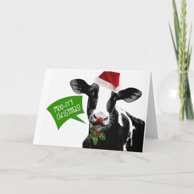 Funny Holiday Cow Merry Moo-rry Christmas Card (Front)
