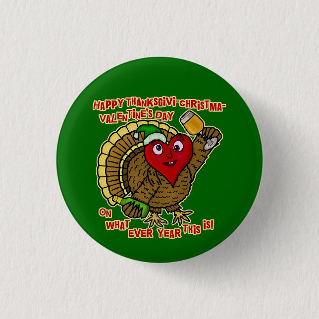 Funny Holiday Drunk Turkey Heart 3 Cm Round Badge (Front)