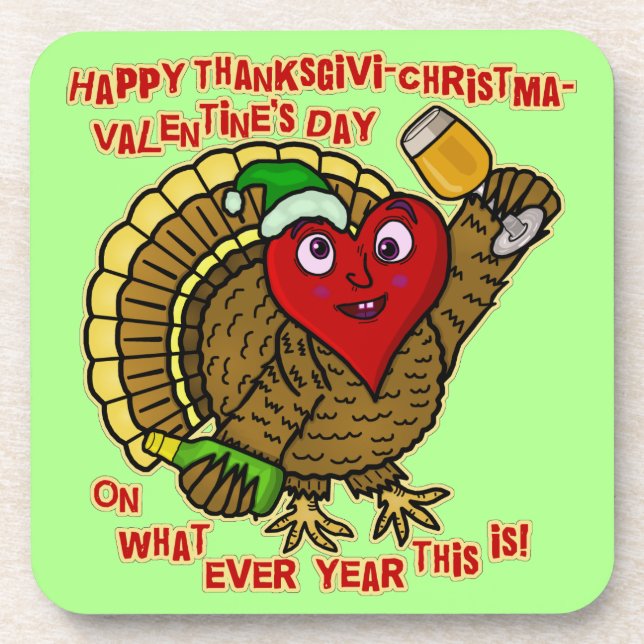Funny Holiday Drunk Turkey Heart Coaster (Front)
