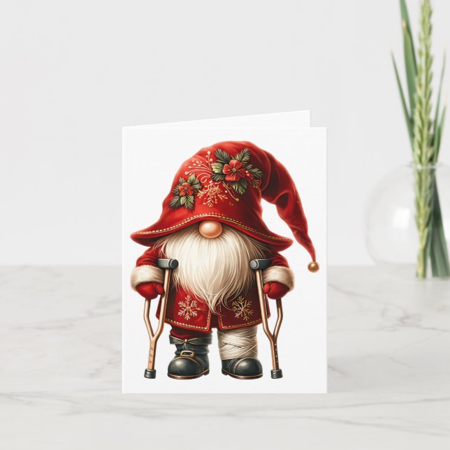 Funny Holiday Gnome Crutches Christmas Ornament Fo Card (Front)