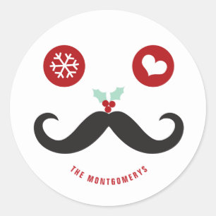 Funny Holiday Moustache Face Mistletoe Christmas Classic Round Sticker