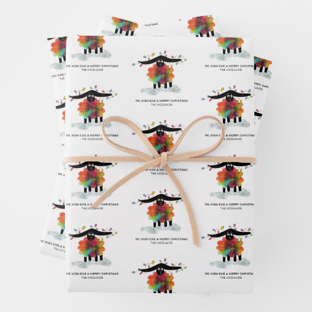 Funny Holiday Sheep with Lights Personalised Wrapping Paper Sheet (In situ)