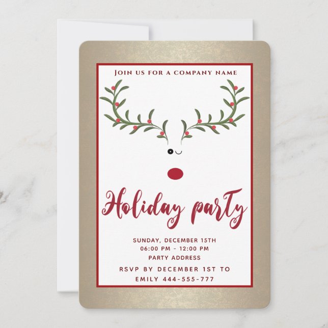 Funny holly reindeer holiday party corporate invitation (Front)