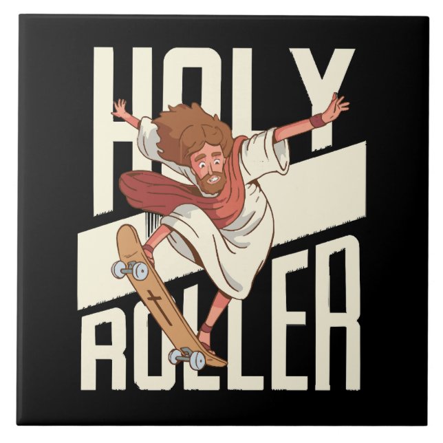 Funny Holy Roller Skateboarding Jesus Ceramic Tile (Front)