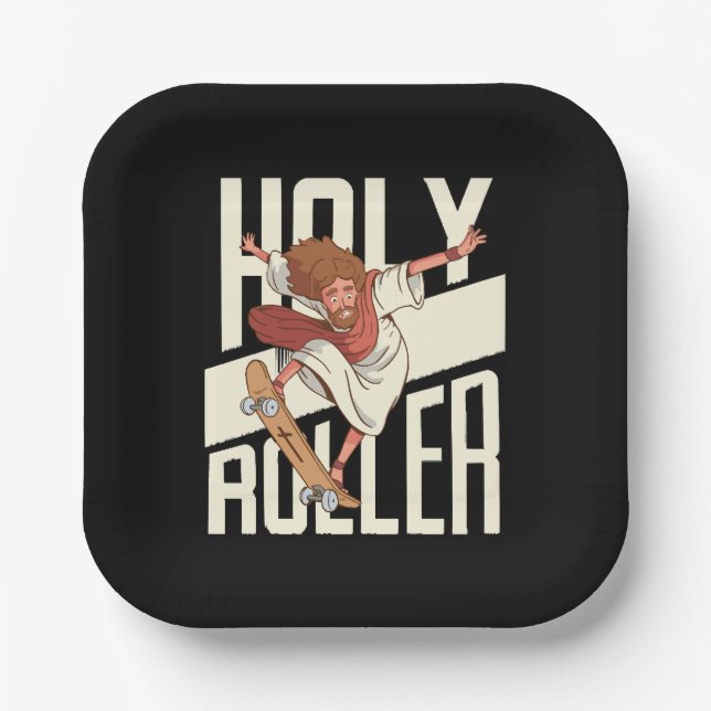 Funny Holy Roller Skateboarding Jesus Paper Plate (Front)