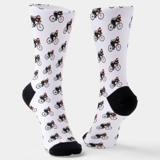 Funny Honey Badger Santa Cyclist Christmas Socks (Angled)