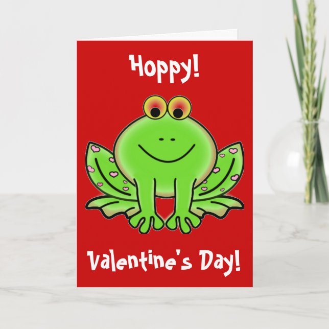 Funny Hoppy Valentine's Day Frog Pink Hearts Holiday Card (Front)