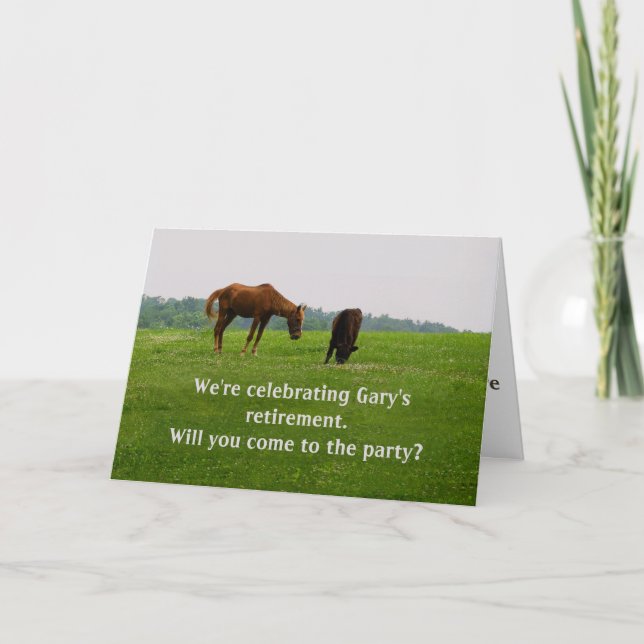 Funny Horse and Cow Gossipping, Retirement Party Card (Front)