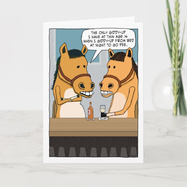 Funny Horse at Bar Has No Giddyup Birthday Card (Front)