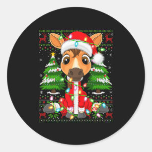Funny Horse Christmas Lights Santa Costume Ugly Xm Classic Round Sticker