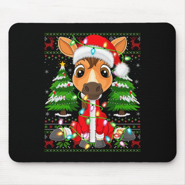 Funny Horse Christmas Lights Santa Costume Ugly Xm Mouse Pad (Front)