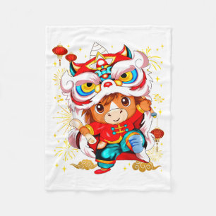 Funny Horse Lion Dance Chinese New Year Kid Men Fleece Blanket