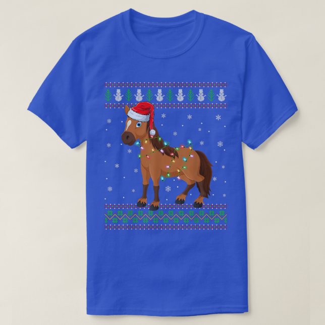 Funny Horse Lover Xmas Lights Santa Hat Ugly Horse T-Shirt (Design Front)