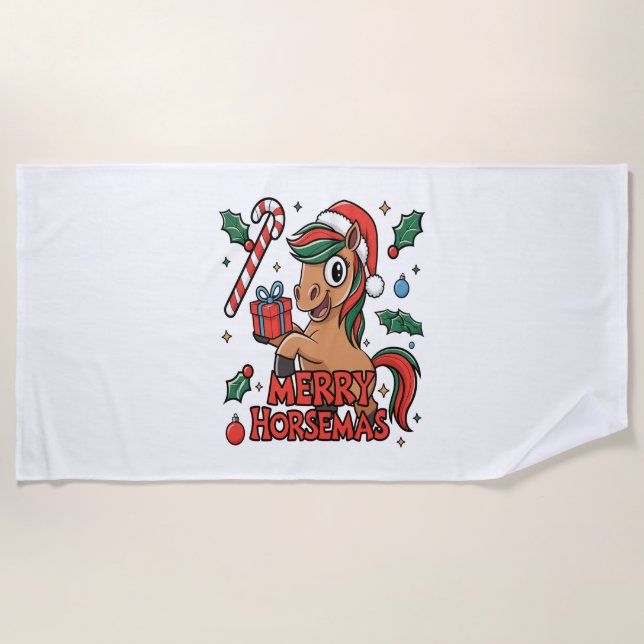 Funny Horse Merry Horsemas Beach Towel (Front)