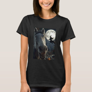 Funny Horse Selfie Full Moon Flying Witch Forest H T-Shirt
