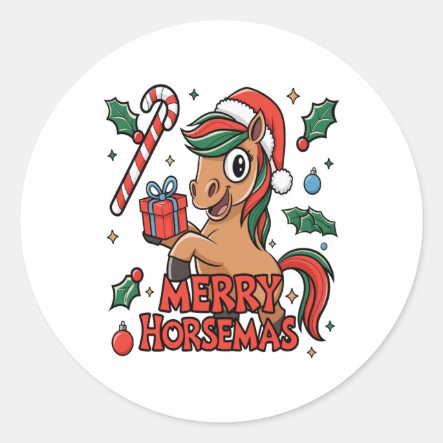 Funny Horse Sublimation, Merry Horsemas Classic Round Sticker (Front)