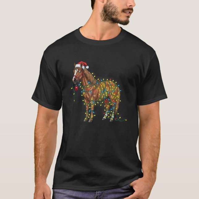 Funny Horse Tangled In Christmas Lights Wearing A  T-Shirt (Front)