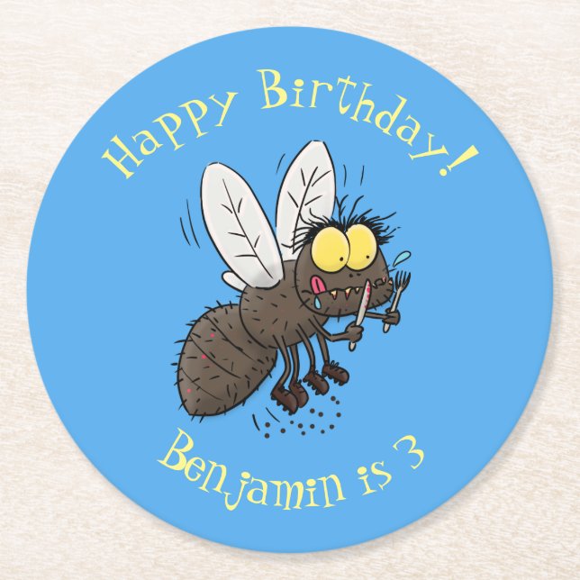 Funny horsefly insect cartoon round paper coaster (Front)