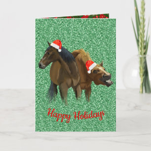 Funny horses wearing Christmas Santa hat Holiday Card
