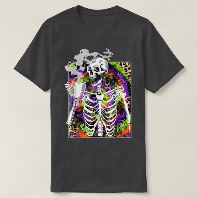Funny Hot Coffee Skeleton Drinking Tie Dye Leopard T-Shirt (Design Front)