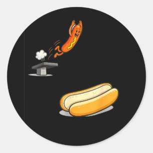 Funny hot dog diving into bun cartoon food humour classic round sticker