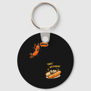 Funny Hot Dog Jumng Into Bun Sausage BBQ High Dive Key Ring