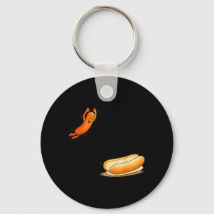 Funny Hot Dog Jumping Into Bun Cartoon BBQ Humour Key Ring