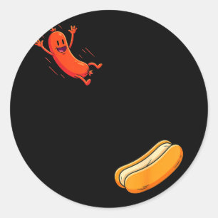 Funny hot dog jumping into bun sausage bbq high classic round sticker