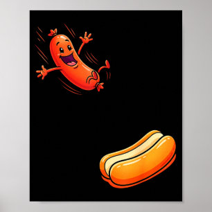 Funny hot dog jumping into bun sausage bbq high poster