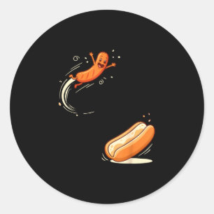 Funny hot-dog jumping into bun sausage bbq humour classic round sticker