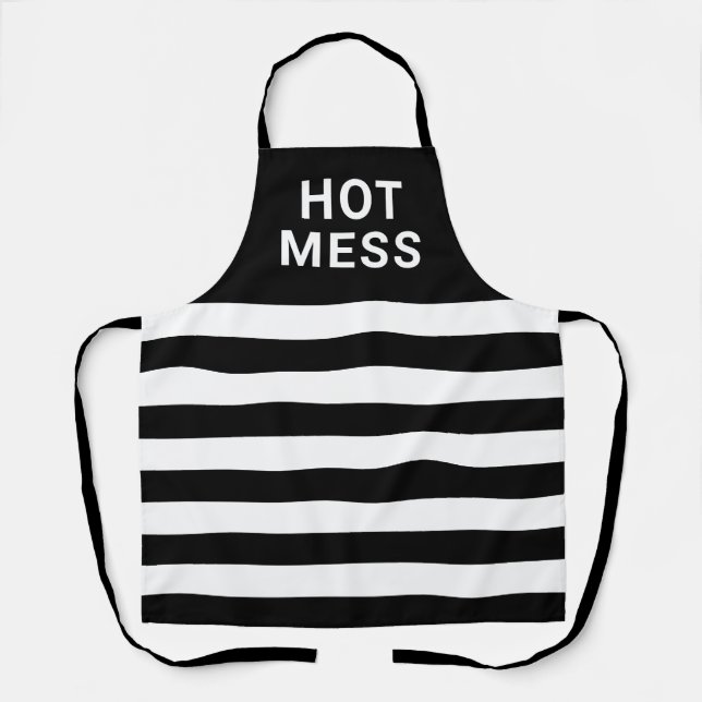 Funny Hot Mess Black White Striped Apron (Front)