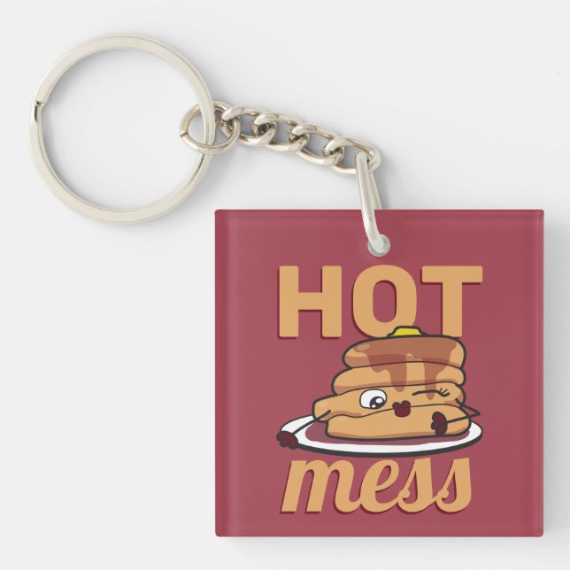 Funny Hot Mess Cute Pancakes Flapjacks Maple Syrup Key Ring (Front)